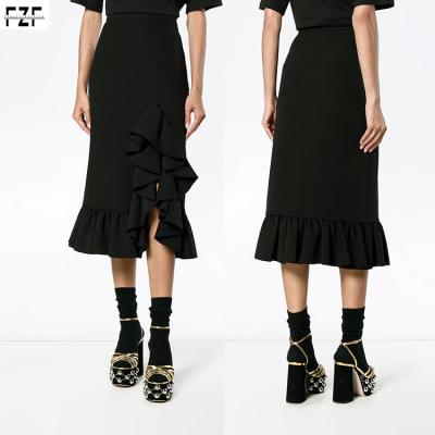 China Plus Size Women Autumn Black Polyester Ruffle And Spandex Wrap Midi Side Skirt for sale