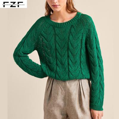 China QUICK DRY Green Pullover Cable Knit Sweater Women for sale