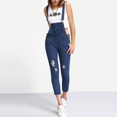 China Ladies Navy Blue Jeans Denim Anti-Pilling Fit Stripes Overall Pants for sale