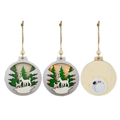 China Christmas Tree Decoration Ornaments Christmas Light Hanging Ornaments Led Santa Claus Snowman Elk Wooden Hang Light Round Star Pentagon for sale