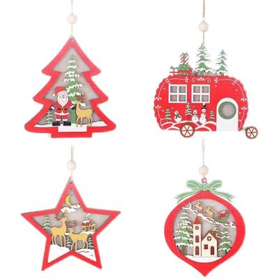 China Christmas Tree Decoration Ornaments Hot Sale New LED Christmas Ornaments Hollow Hanging Crafts Christmas Tree Wooden Pendant for sale