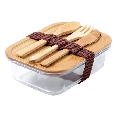 China Preservation 750Ml Microwavable Freshness With Lid Glass Eco-Friendly Bamboo Food Container With Knife Fork And Spoon Sets for sale