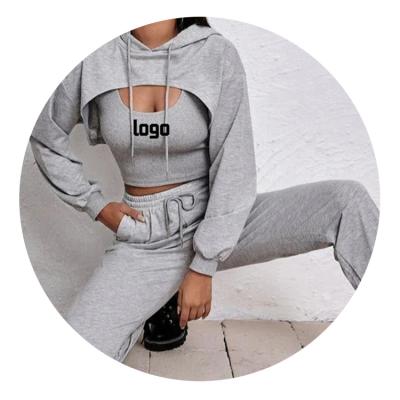 China Breathable Women Spring Shein Long Sleeve Crop Top Tank Vest Sweatpants 3 Pieces Hoodies Set for sale