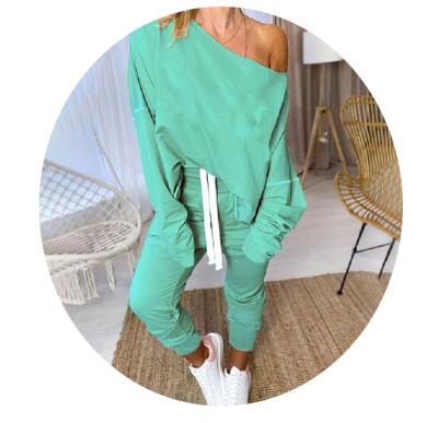 China Breathable Fashion Women's Solid Color Sweatsuit Off Shoulder Long Sleeve Tops And Pants 2 Piece Sets for sale