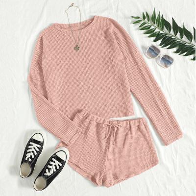 China Breathable 2022 Comfortable Waffle Knit Top And Shorts Lounge Set Knitted Women Set Two Piece Lounge Set Wear for sale