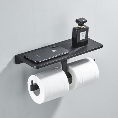 China Modern Matte Black Metal Toilet Paper Holder With Cell Phone Shelf for sale