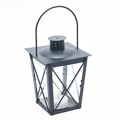 China Home Garden Metal Structure Small Trapezoidal Glass Candle Lantern Conventional Style Inverted Top Opening Hanging Lantern for sale