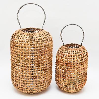 China Home Decoration Cylindrical Rattan Candle Natural Wooden Lantern Customized Floor Wholesale Indoor Wall Hanging Decorative Lanterns for sale