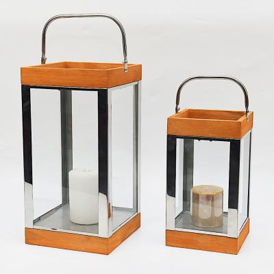 China Home Decoration 2 Sizes Stainless Steel Candle Handle Natural Square Wood Lantern Style Decorative Candle Lantern for sale