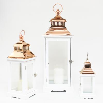 China Metal Home Decoration Set 3 Mounted Gold Top White Wooden Candle Lanterns Garden Outdoor Standing Decorative Wooden Lantern for sale