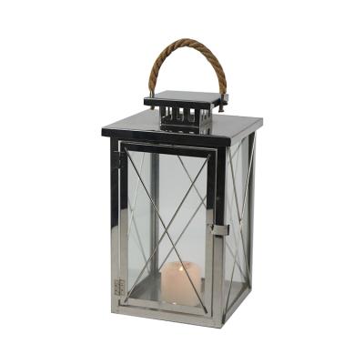 China Home decoration modern design stainless steel lantern with rope handle and glass panels for home decor for sale