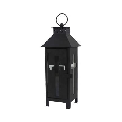 China Home Decoration Black Cemetery Grave Metal Candle Holders Glass Lantern With Cross for sale