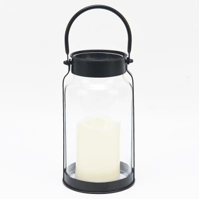 China New Design Home Decoration Black Handle Clear Glass Jar Candle Holder With Led Candle Metal Hanging Hurricane Lantern for sale