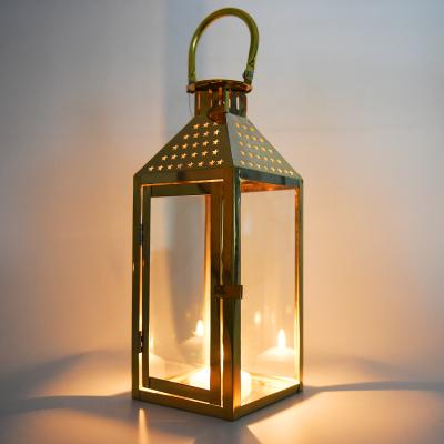 China Home Decoration Stainless Steel Lantern With Glass Panel Top With Heart And Moon Decoration Lantern for sale