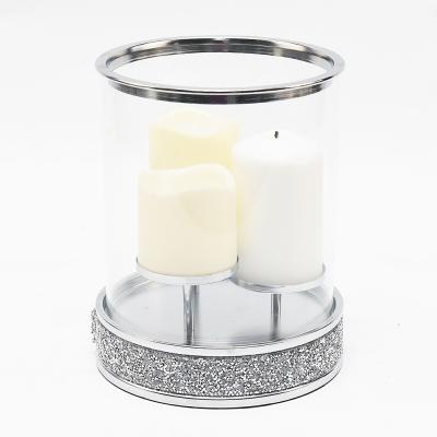 China Luxury European Style Silver Metal Mirror Candle Holder Home Tall Container Glass Crystal Candelabra Jar Decoration for sale