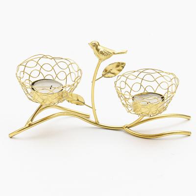 China Gold Candle Holder 2 Wax Bowl Bird Decoration Metal Tea Light Candle Holder Modern Home Decor Candle Light Bedroom Bedside Table Decor for sale