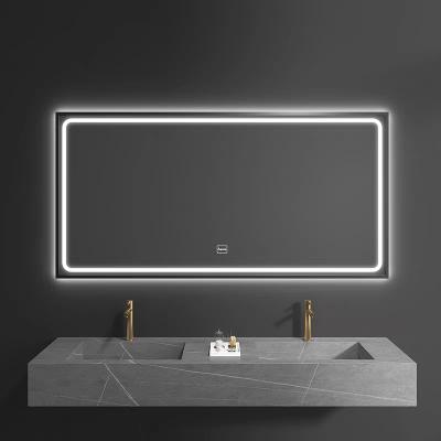 China Illuminated 3 Star Hotel Bathroom Makeup Vanity Mirror Led Rectangle Black Frame for sale