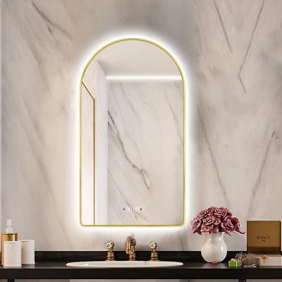 China Contemporary Smart Touch Aluminum Alloy Gold Metal Framed Arch Mirror With LED Light for sale