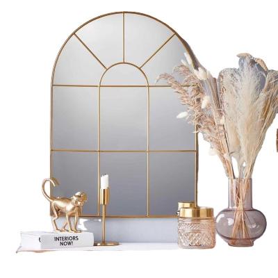 China Modern Home Decorative Gold Window Arch Tile Wall View Metal Distressed Mirror For Wall Decor for sale