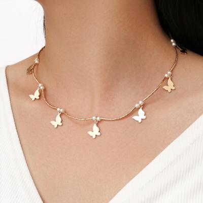 China SinDlan Charm Bohemian Style Pearl Gold Color Imitation Butterfly Necklace For Lovely Girls for sale