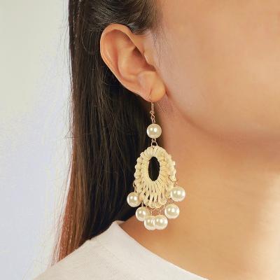 China SinDlan Fashionable Wholesale Pure Hand - Woven Imitation Rattan Bamboo Wicker Pearl Drop Earrings for sale