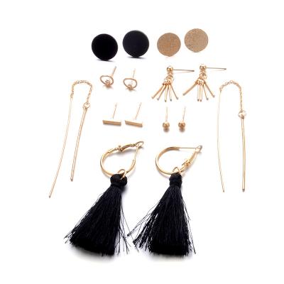 China SinDlan ALLOY 8Pairs/Set Korean Version Jewelry Tassel Charm Earrings Long Chain Metal Texture Earrings Dangle Earrings Wholesale for sale