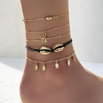 China BOHEMIA Sindlan Gold Tassel Shell Anklets Multi Layer 5pcs/Set Bohemian Foot Jewelry For Women for sale