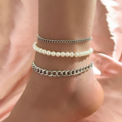 China Vintage Sindlan Charm Bohemian Anklets Three-Layer Pearl Fashion Adjustable Silver Beach Anklets Jewelry For Women for sale