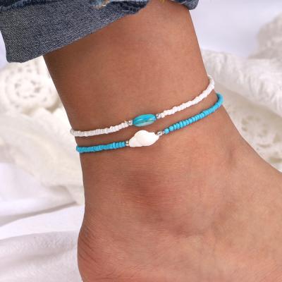 China 2019 New Design Boho Natural Conch Style White And Blue Rice Beads Women Bracelet Anklet Chain Sets To Strand Man Foot Jewelry for sale