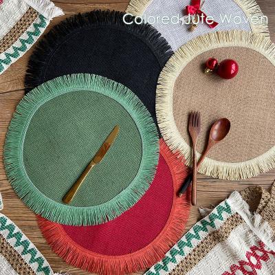 Cina Christmas Round Tea Mat Jute Bohemian Woven Luxury Bohemian Woven Hotel Table Placement Mat Set Nordic Kitchen For Wedding in vendita