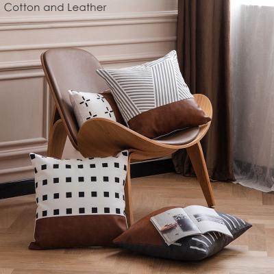 China Nordic Anti-Static Geometric Cotton Pillow Case Leather Splicing Soft Cushion Covers Zipper For Sofa Seat Bed Car Hotel for sale