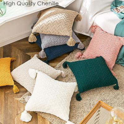 China Nordic Luxury Knitted Soft Pillow Case Bed Decorative Home Sofa Anti-Static Solid Chenille Woven Cushion Covers Tassels Te koop