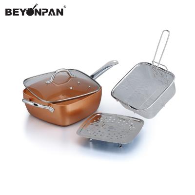 China Viable Aluminum Nonstick Copper Square Pan Set With Deep Fry Basket and Steamer for sale