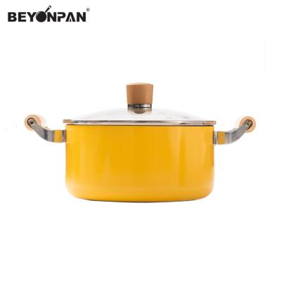 China Sustainable Pressed Aluminum Nonstick Coated Casserole Cooking Pot With Wooden Handle for sale