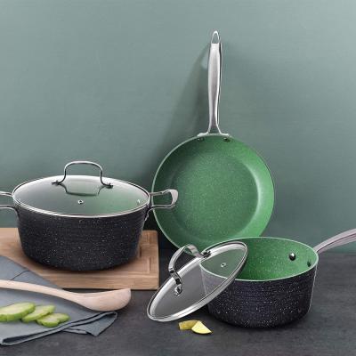 China Sustainable Kitchenware Cookware 5 Pieces Forged Aluminum Green Marble Nonstick Coated Cookware Set With S/S Handle for sale