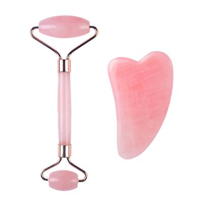 China Anti-Puffiness Amazon hot selling Logo customizable facial massage Rose Quartz Jade Roller Gua Sha Set with Box Beauty roller for sale