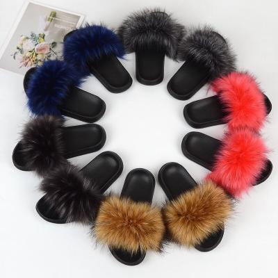 China Anti-Slippery Fur Slippers Slides For Women Open Toe Girls Faux Fox Fur Slippers Fluffy Bedroom Slips Outdoor for sale