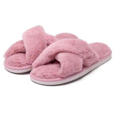 China Durable Women's Soft Plush Lightweight Bedroom Slippers Non Slip Cross Band Slip On Open Toe Cozy Indoor Outdoor Slippers for sale