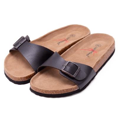 China Indoor Adjustable Women's Buckle 1-Strap Cork Slide Sandal Black 35-43 Flat Leather Slippers EU for sale