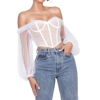 China Mesh Boned Corset Women Cropped Sheer Breathable Full Strapless Sexy White Ladies Puff Sleeve Corset Top for sale