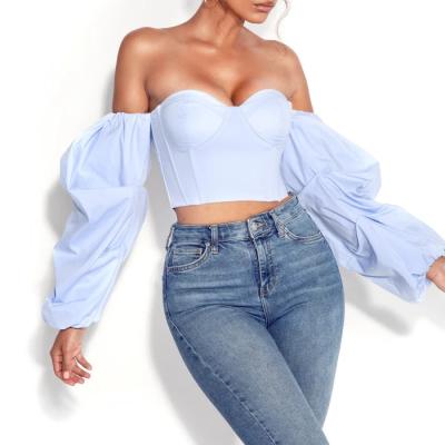 China 2021 New Design Breathable Blue Women Elegant Off Shoulder Long Sleeve Puff Corset Top for sale