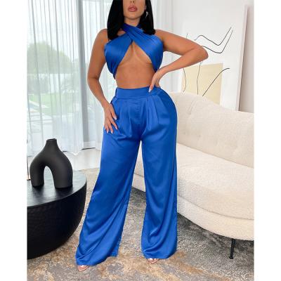 China Hot Selling Sexy Halter Crop Tops Anti-pilling Ladies Two Piece Outfits Halter Top And Wide Leg Pants Satin 2 Piece Set Women for sale