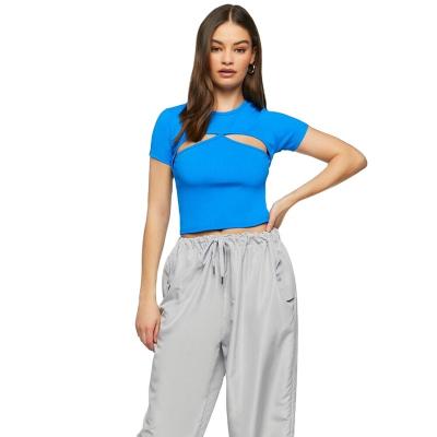 China 2023 Hot Sale Women Summer Top Solid Color Crew Neck Anti-pilling Chest And Back Cutouts Crop Top Slim Comfortable Casual Knitted T-Shirt for sale