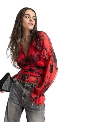 China 2023 Hot Sale Breathable Women Spring V-Neck Upper Waist Pleated Floral Chiffon Shirt With Circle Trims Slim Soft Casual Women Blouse for sale