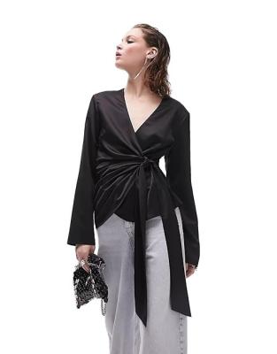 China 2023 Elegant Women Breathable Spring V-Neck Padded Shoulders Top Wrap Front Tie Fastening Satin Shirt Women's Slim Comfortable Casual Blouse for sale