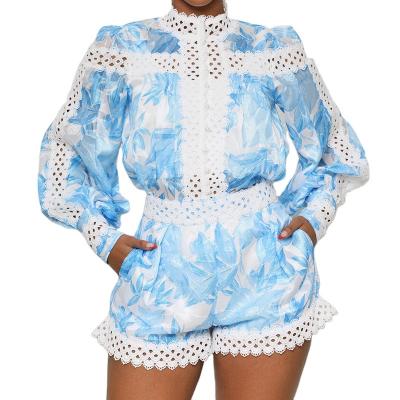 China 2023 Spring Print Breathable Chic Embroidered Shorts Set Fashion High-Neck Casual-Fitting Buttoned Top Matching Shorts for sale