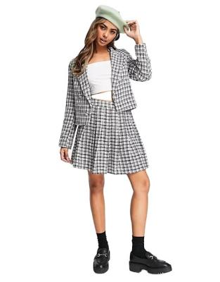 China Spring 2023 New Look Women's Anti-pilling Sets Double Breasted Style Shorts Blazers And Pleated Mini Skirt Two Piece Set Causal Sweet Plaid for sale