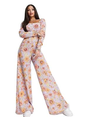 China 2023 Fashion Top Adult Women QUICK DRY Desgin's Floral Print Bubble Crepe Tall Square Neck Long Sleeves Wide Leg Overalls for sale