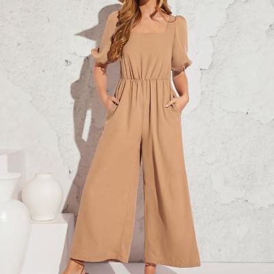 China 2023 Fashion Breathable Romantic Casual Overalls Ladies Square Wide Leg Overalls Neck Puff Sleeve Without Belt for sale