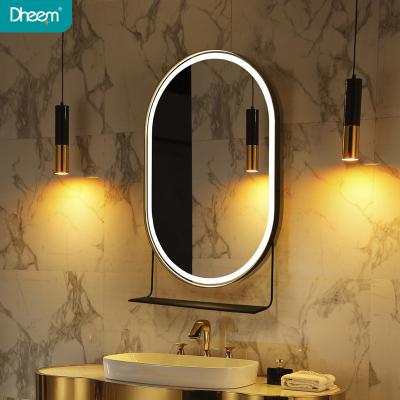 China Dheem Bright Round Bathroom Framed LED Lighted Mirror With Iron Shelf for sale